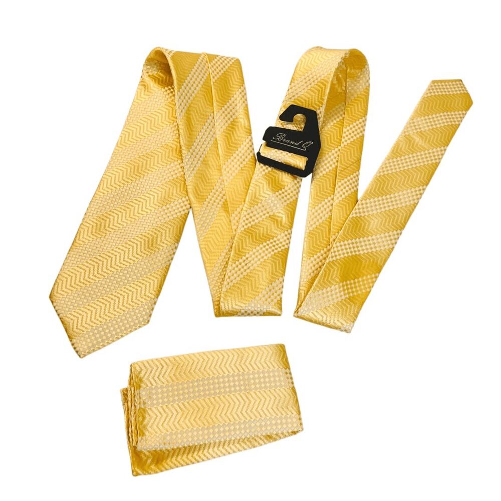 Brand Q 2000s Microfiber Yellow Stripe 58" x 3.25" Necktie Tie and Pocket Hankey